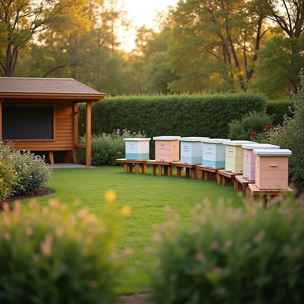 Panoramica dell'apiario didattico con più arnie allineate in un giardino verde