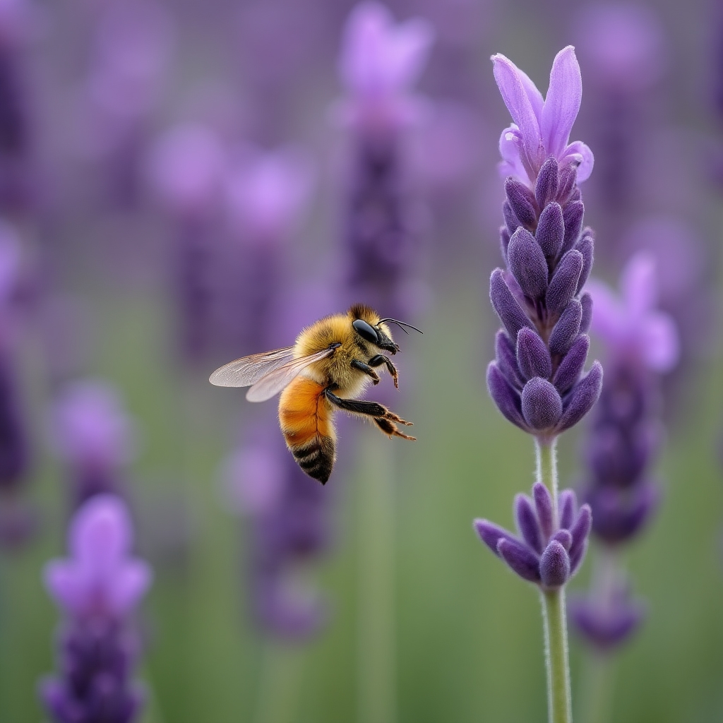 Ape che raccoglie nettare da fiori di lavanda in un giardino urbano soleggiato
