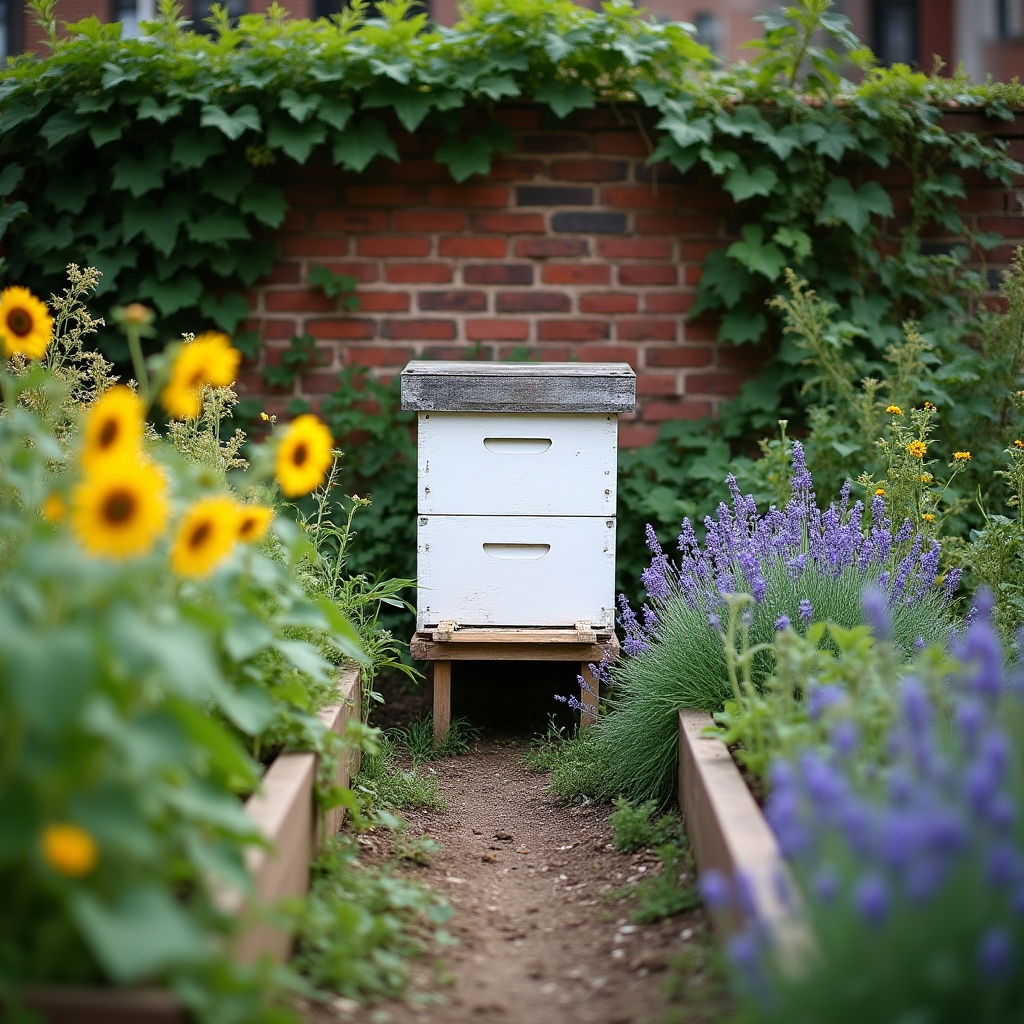 Arnia installata in un orto urbano tra piante fiorite